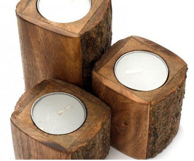 Natural Wooden Tea Light Holders with Bark Edge Detail - LIVE LAUGH LOVE LIMITED