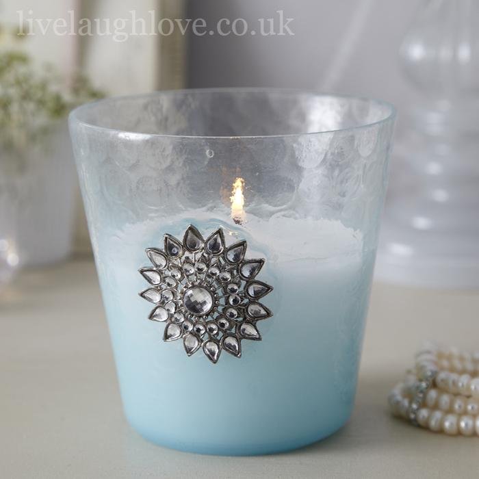 Opulent Collection - Large Votive Holder wax filled with Diamante Brooch - Blue - LIVE LAUGH LOVE LIMITED