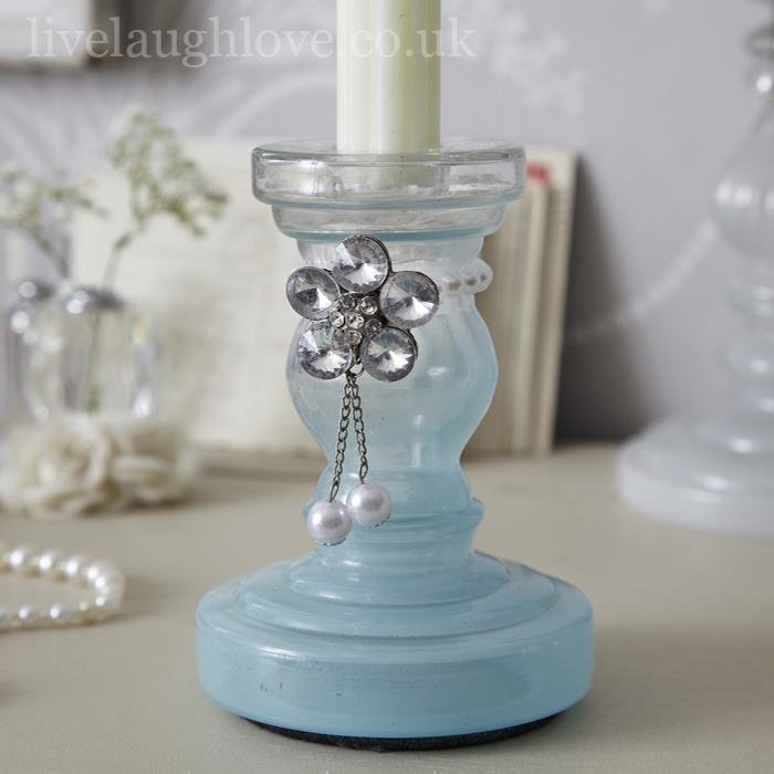 Opulent Collection - Taper Candle Stick with Diamante Necklace - Blue - LIVE LAUGH LOVE LIMITED