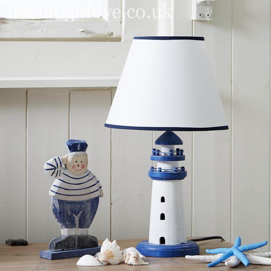 Painted Wooden Lighthouse Lamp - Blue & White - LIVE LAUGH LOVE LIMITED