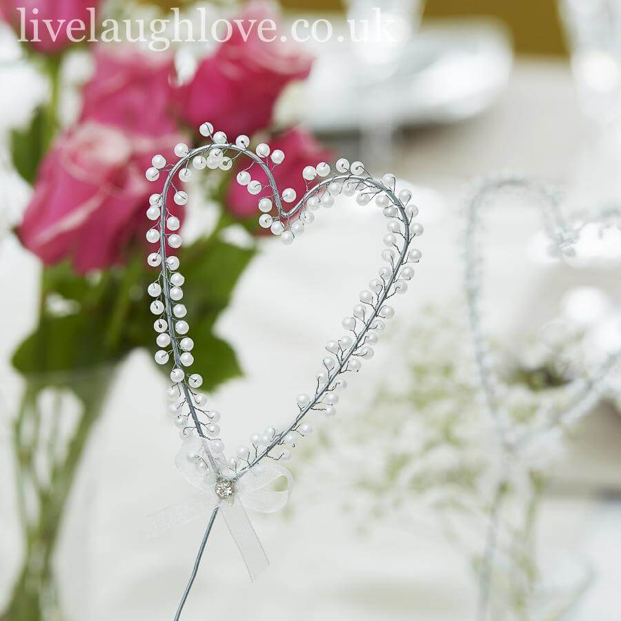 Pearl Heart Pot Stake W/ Diamante & Organza Bow - LIVE LAUGH LOVE LIMITED