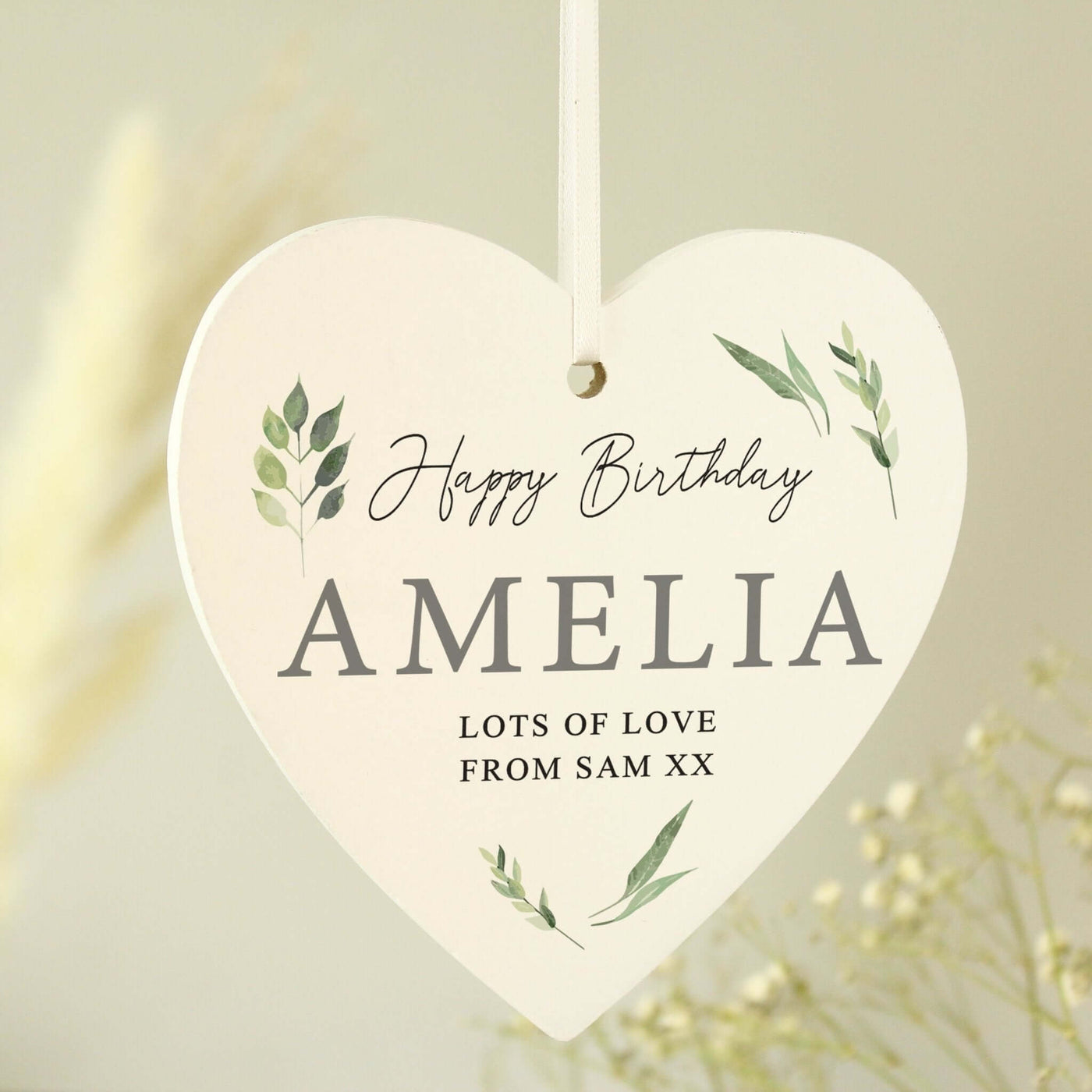 Personalised Botanical Hanging Wooden Heart Decoration - LIVE LAUGH LOVE LIMITED