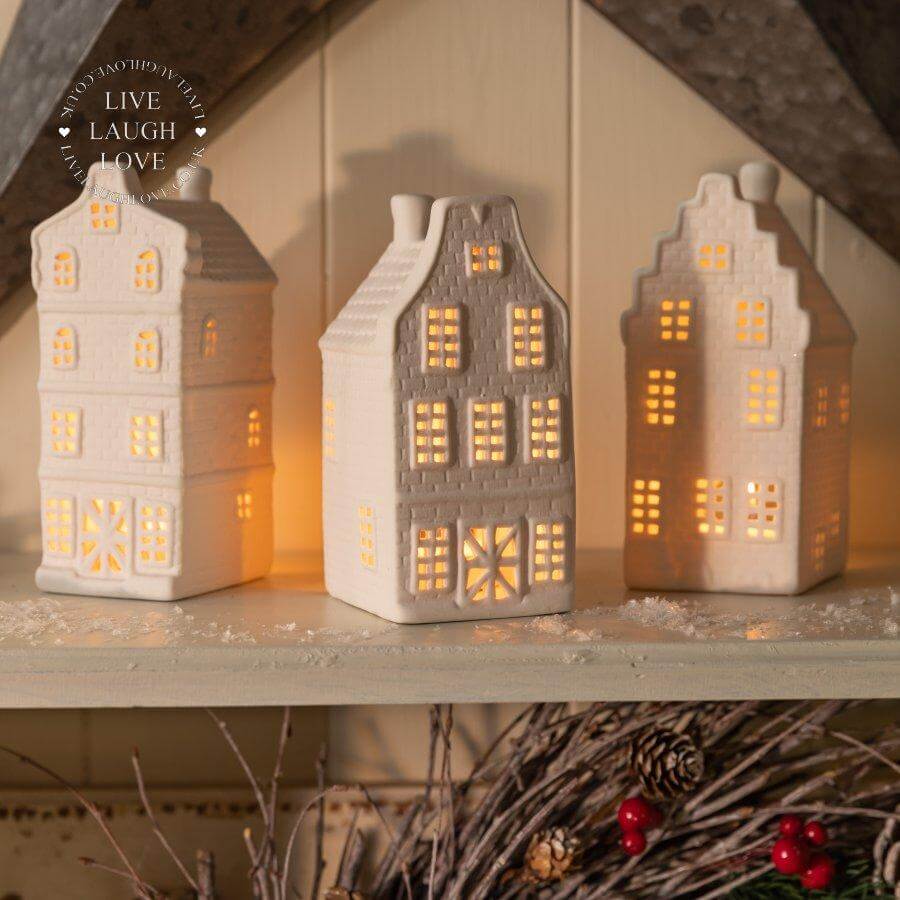 Porcelain House - Festive Tea Light Holders set of 3 - LIVE LAUGH LOVE LIMITED