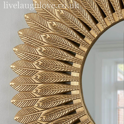 Round Wall Mounted Gold Feathered Mirror - LIVE LAUGH LOVE LIMITED