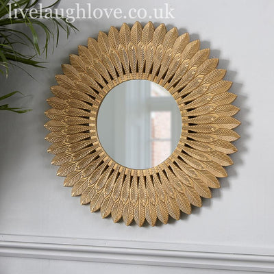 Round Wall Mounted Gold Feathered Mirror - LIVE LAUGH LOVE LIMITED