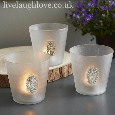 Se of 3 Large Glass Tea Light/Candle Holders With Oval Diamante Brooch ***Second*** - LIVE LAUGH LOVE LIMITED