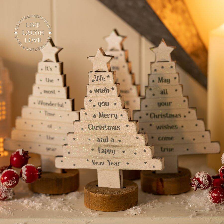 Sentimental Wooden Christmas Tree Shelf Sitters - LIVE LAUGH LOVE LIMITED