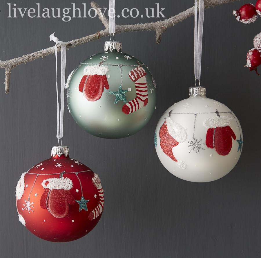 Set Of 3 Assorted Glass Baubles - Red, White & Green - LIVE LAUGH LOVE LIMITED