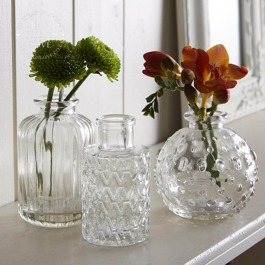 Set of 3 Clear Glass Vases - LIVE LAUGH LOVE LIMITED