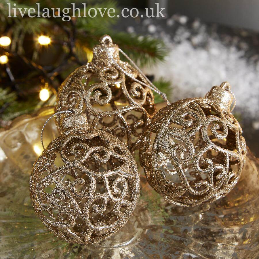 Set Of 3 Glitter Lace Baubles - LIVE LAUGH LOVE LIMITED