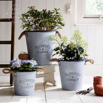 Set of 3 Metal Silver 'Flowers and Garden' Vintage Planter Buckets - LIVE LAUGH LOVE LIMITED