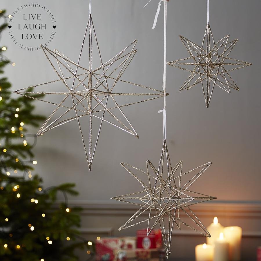 Set Of 3D Hanging Champagne Glitter Stars - LIVE LAUGH LOVE LIMITED