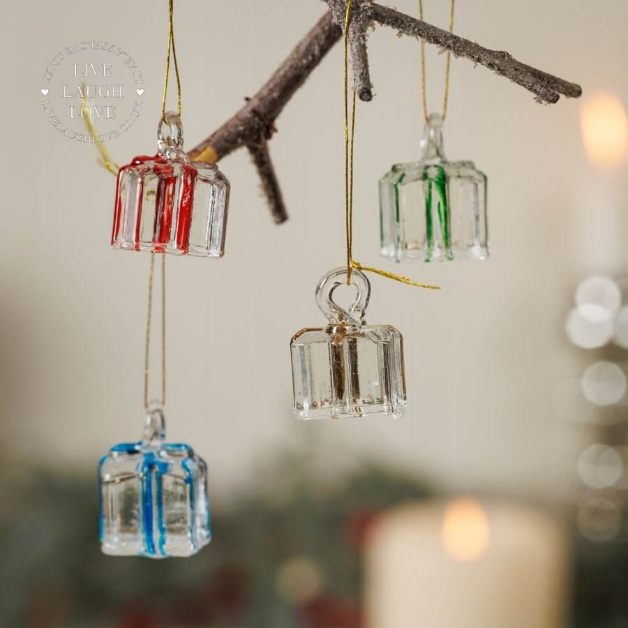 Set of 4 Small Coloured Ribbon Glass Presents - LIVE LAUGH LOVE LIMITED