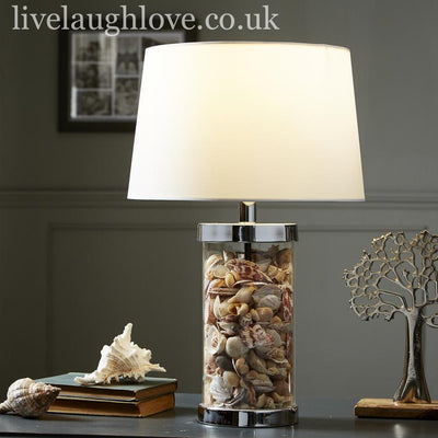 Shell Filled Glass Lamp W/ White Shade - LIVE LAUGH LOVE LIMITED