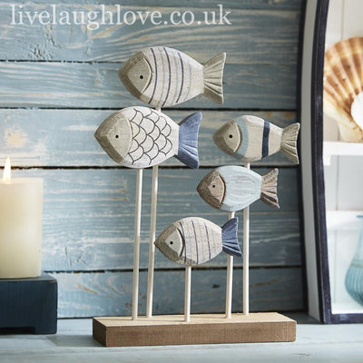 Shoal Of Painted Wooden Fish On Natural Wood Base - LIVE LAUGH LOVE LIMITED