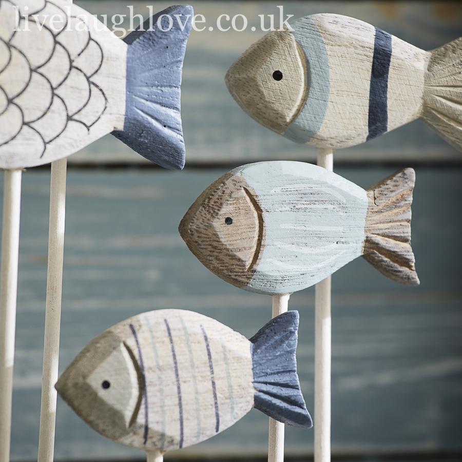 Shoal Of Painted Wooden Fish On Natural Wood Base - LIVE LAUGH LOVE LIMITED