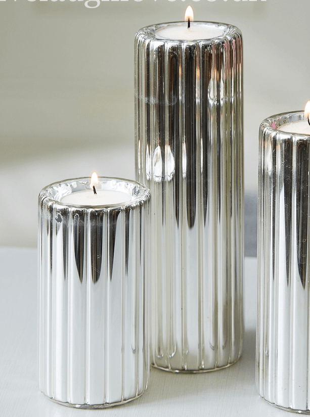 Silver Glass Ribbed Design Cylindrical Tea Light Holders Pair ***Seconds*** - LIVE LAUGH LOVE LIMITED