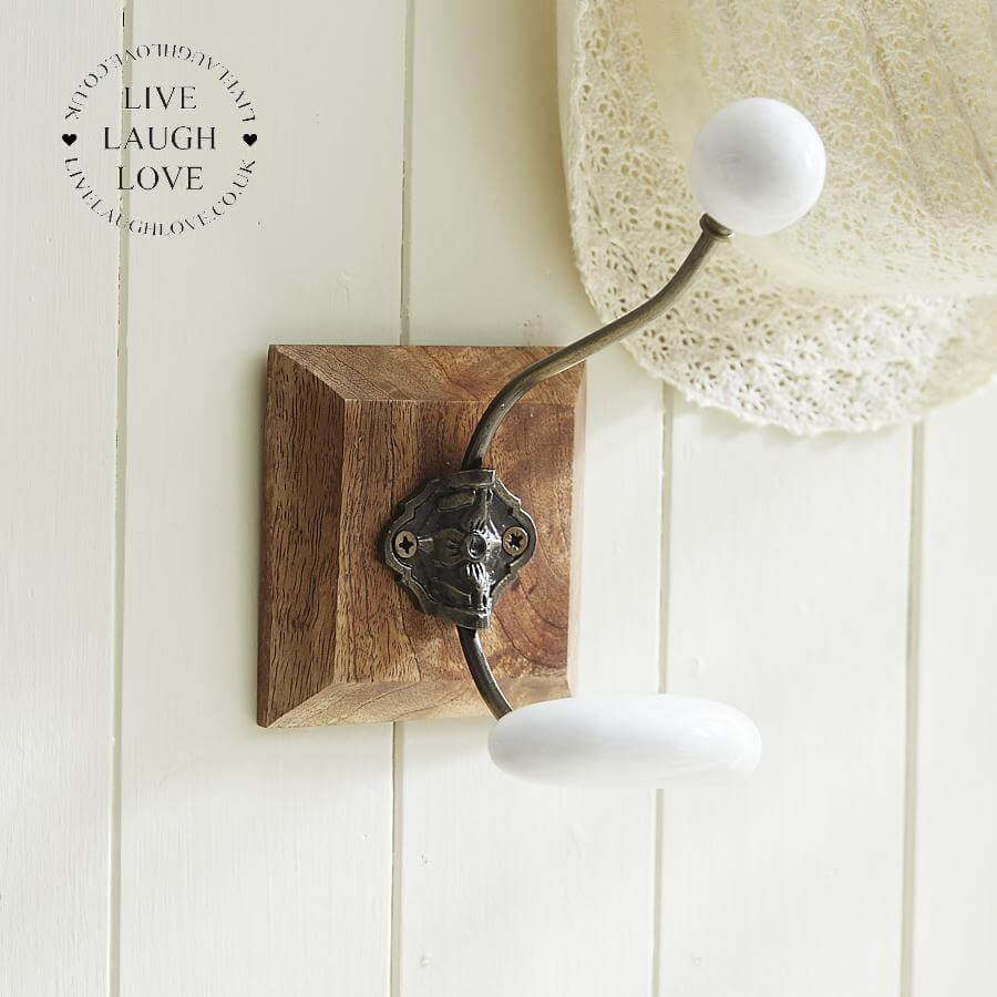 Single White Hook On Wooden Base - LIVE LAUGH LOVE LIMITED