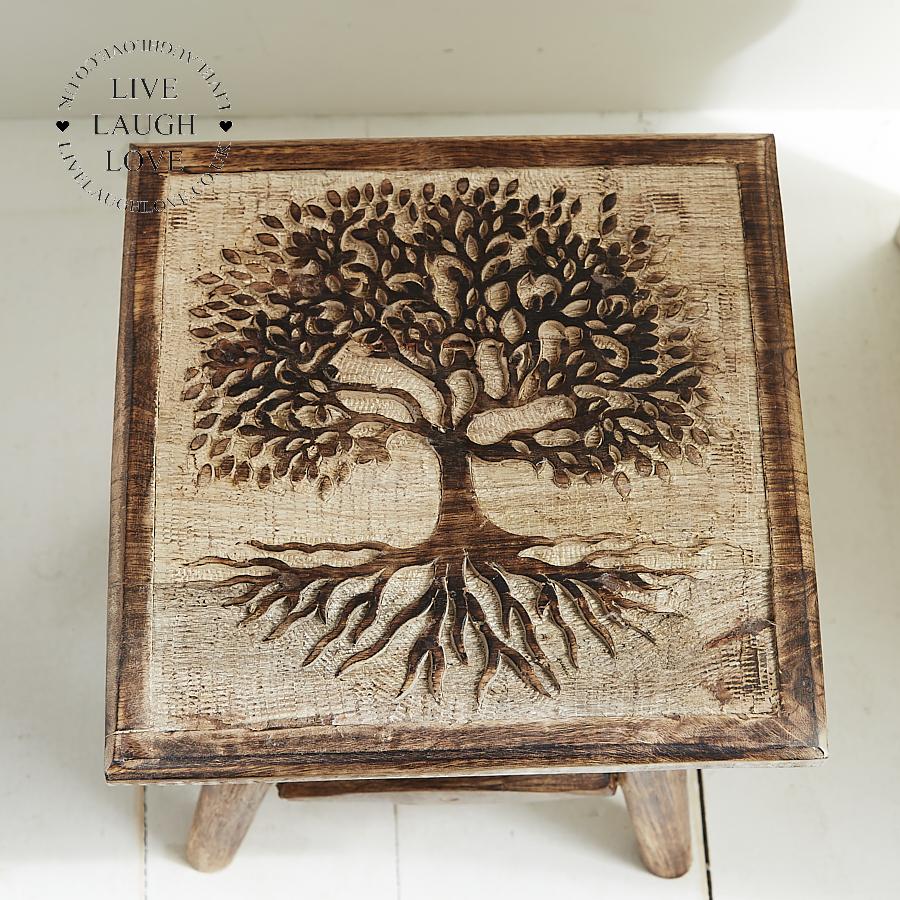 Tree Of Life Carved Stool - LIVE LAUGH LOVE LIMITED