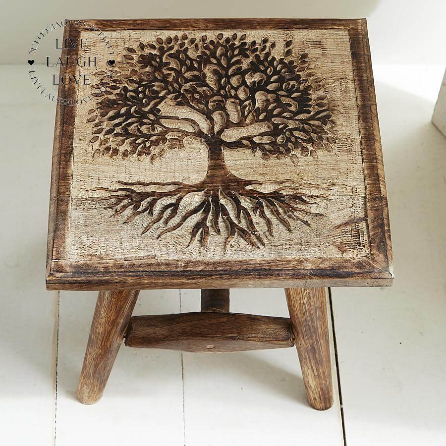 Tree Of Life Carved Stool - LIVE LAUGH LOVE LIMITED