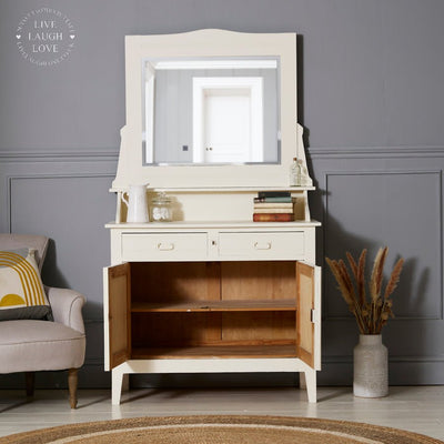 Vintage French Painted Dressing Table with Beveled Mirror Cupboard - LIVE LAUGH LOVE LIMITED