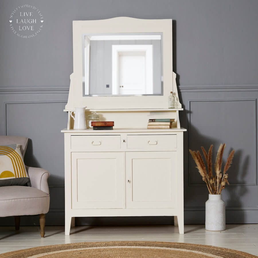 Vintage French Painted Dressing Table with Beveled Mirror Cupboard - LIVE LAUGH LOVE LIMITED