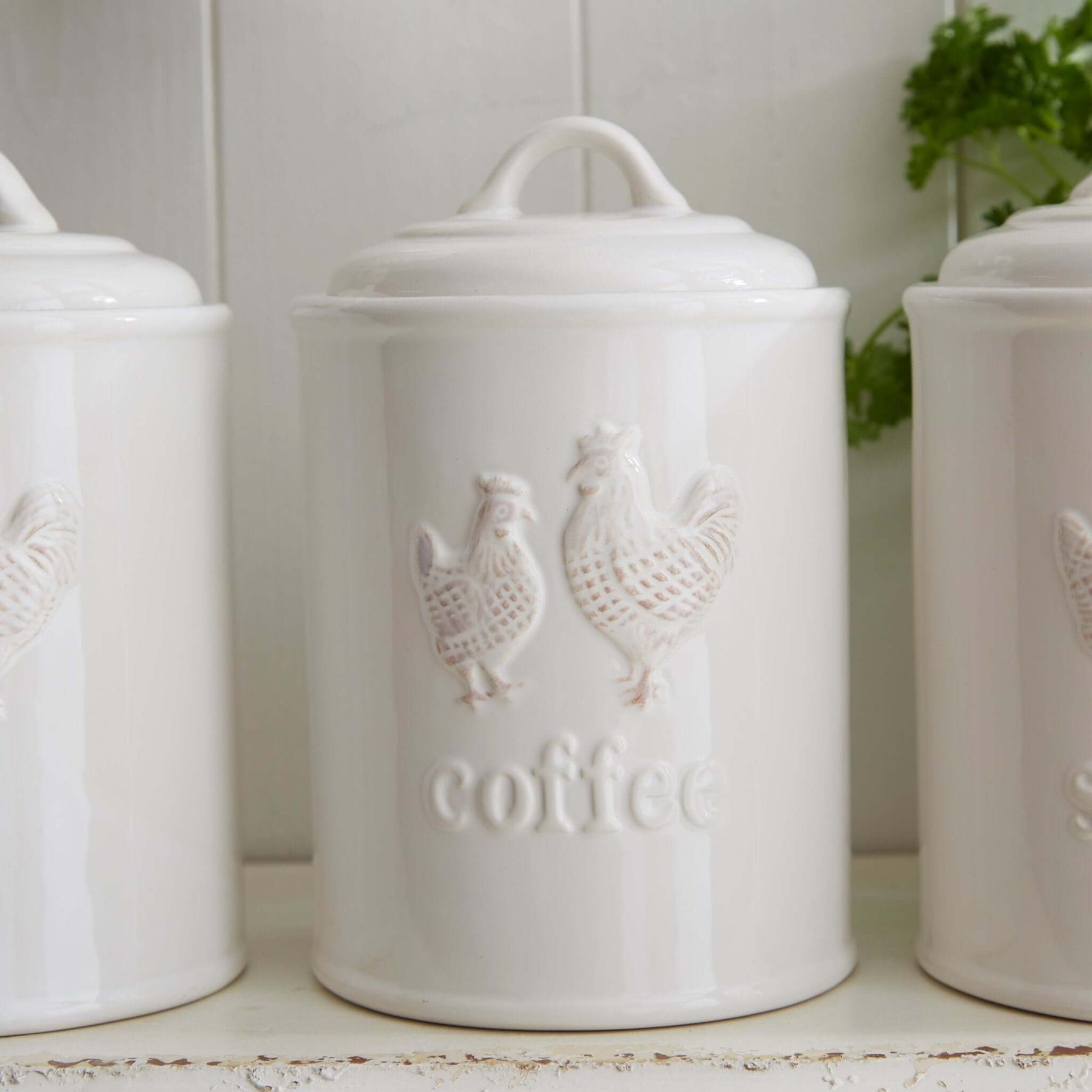 White Ceramic "Coffee" and "Sugar" Canisters with Cockerel Detail
