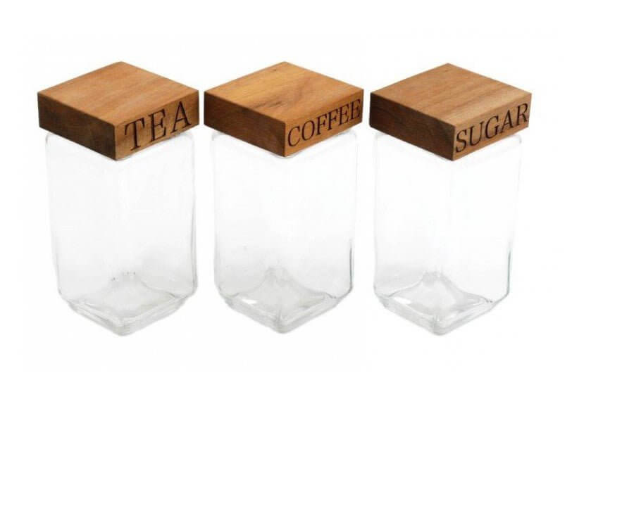 Wood and Glass Tea Coffee and Sugar Jars Set - LIVE LAUGH LOVE LIMITED