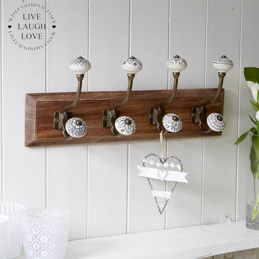 Wooden Backed Wall Hooks W/ Decorative Ceramic Knobs - LIVE LAUGH LOVE LIMITED