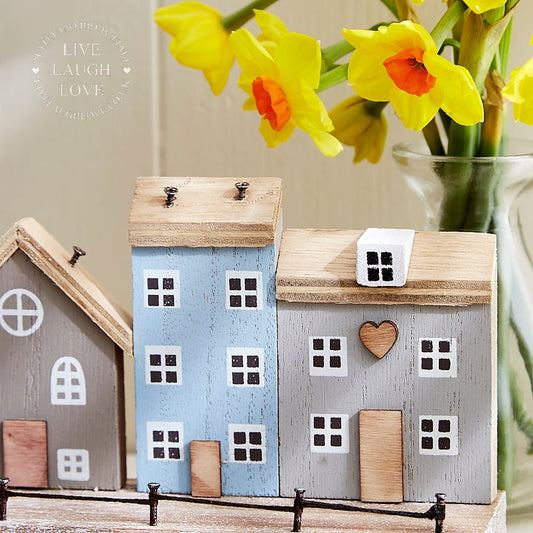 Wooden Houses On Natural Wooden Base - LIVE LAUGH LOVE LIMITED