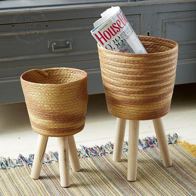 Woven Storage Baskets On Wooden Legs - LIVE LAUGH LOVE LIMITED